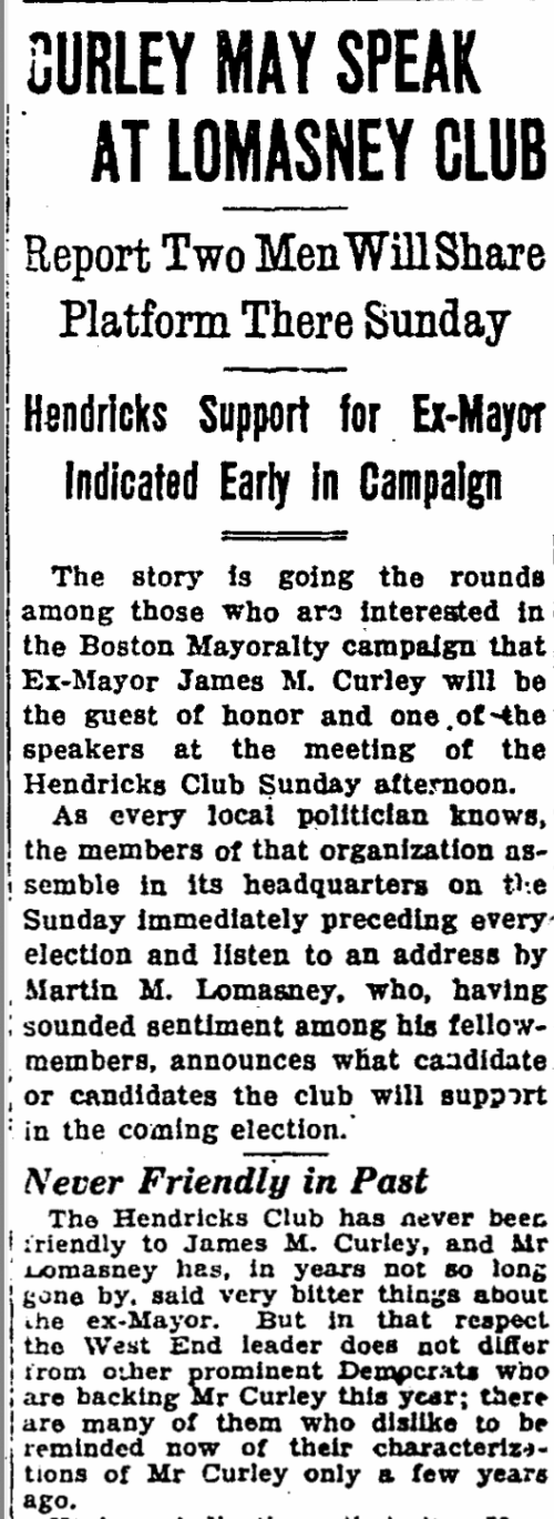 A newspaper clipping of an article describing Curley attending the club with Lomasney.